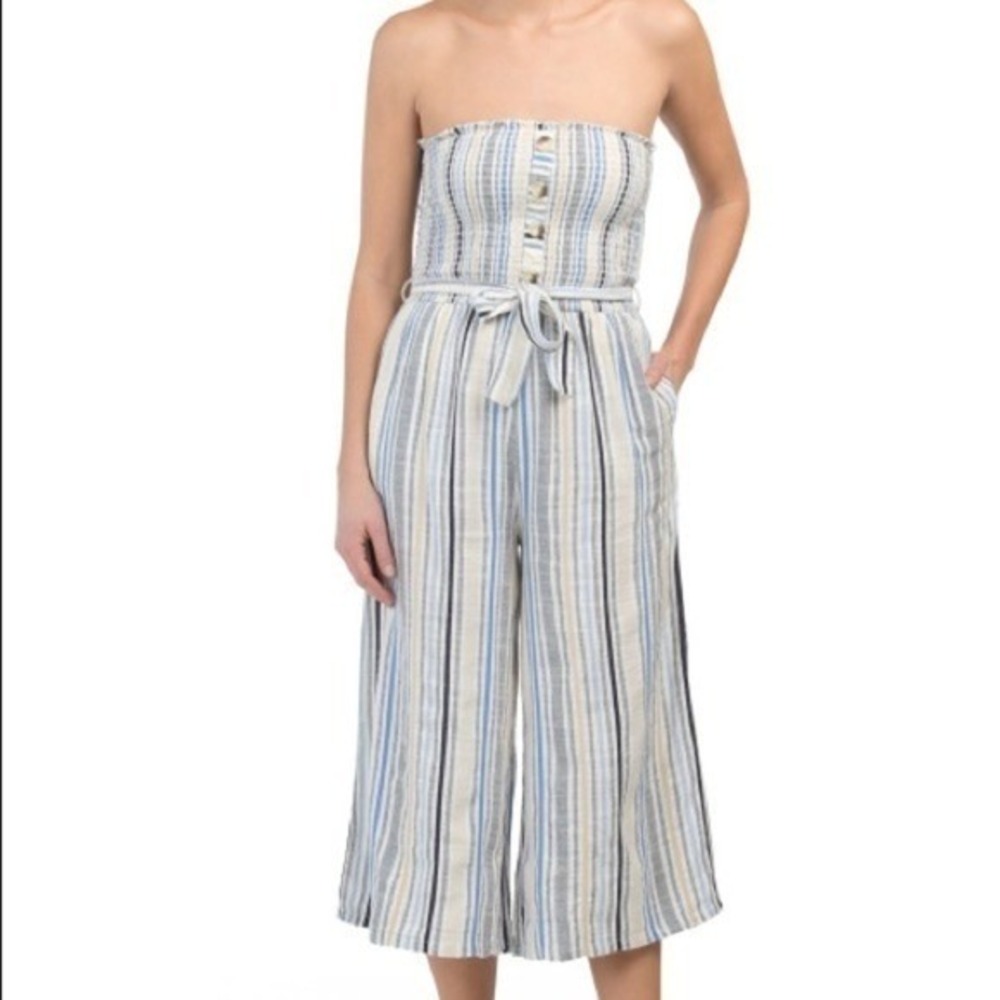 Blue Island Womens Small Blue White Striped Smocked Strapless Jumpsuit Wide‎ Leg